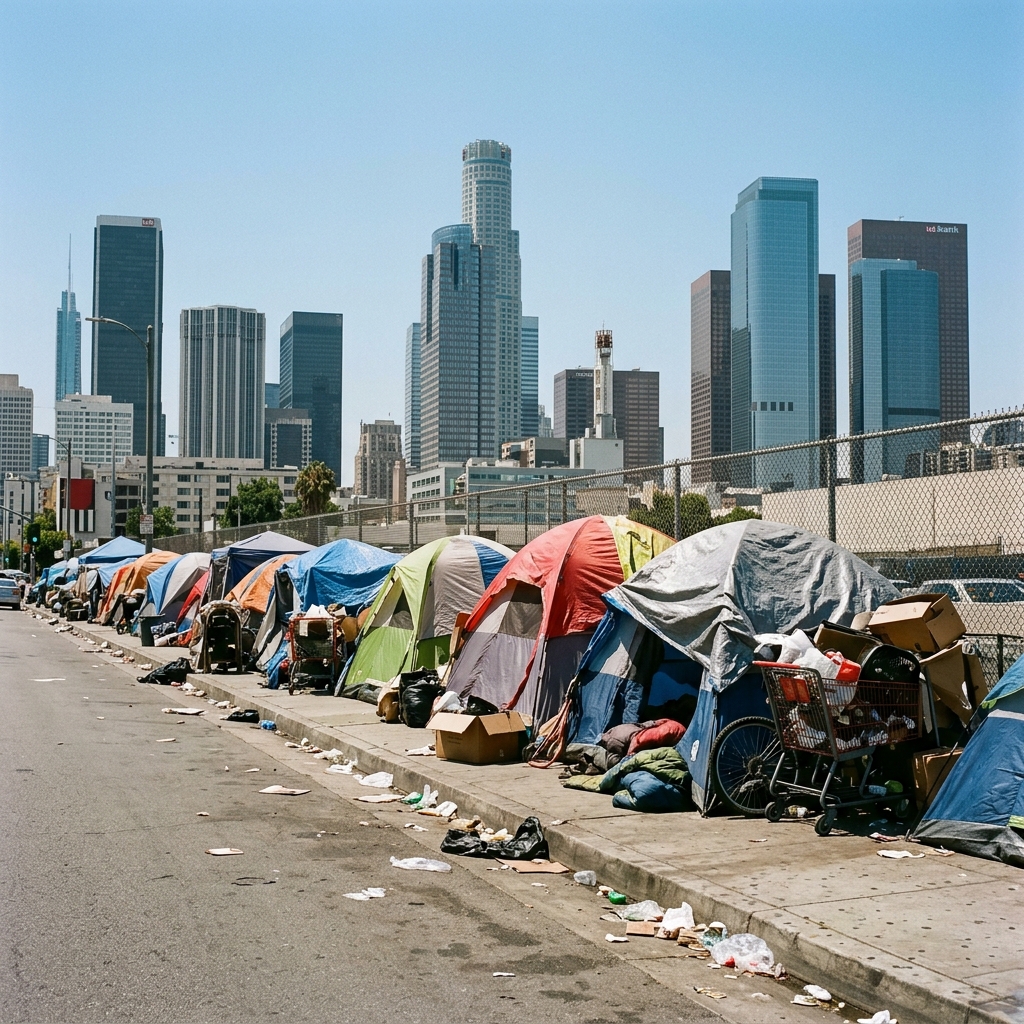 Homeless encampment in Los Angeles with downtown skyline in background
